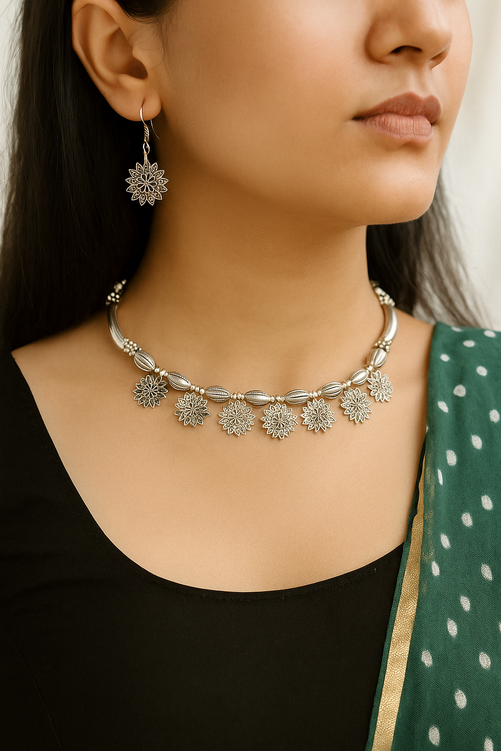Oxidized Silver Floral Choker Necklace Set with Matching Earrings